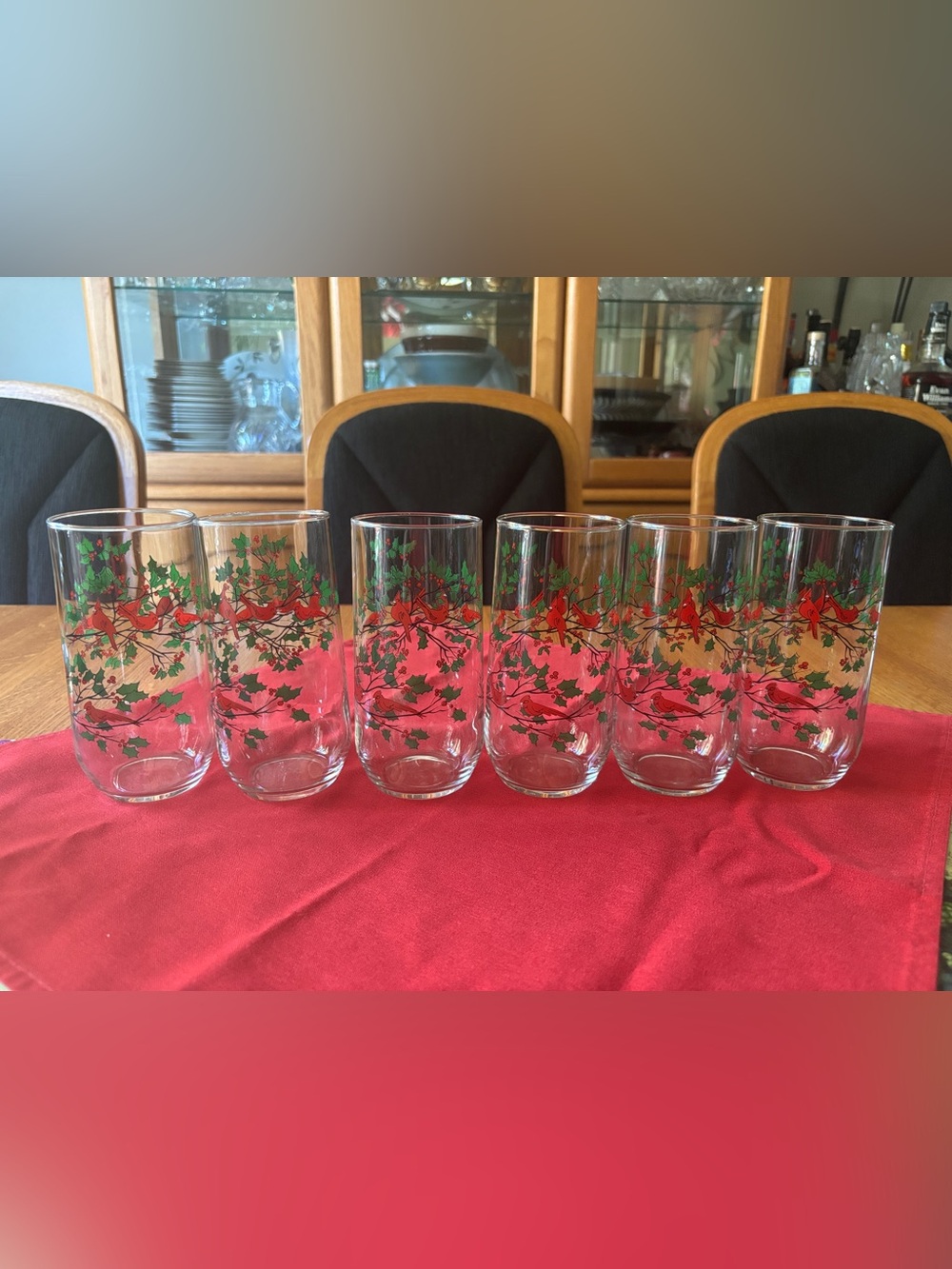 Set of 6 Vintage Holiday Cardinal Glasses- Red & Green